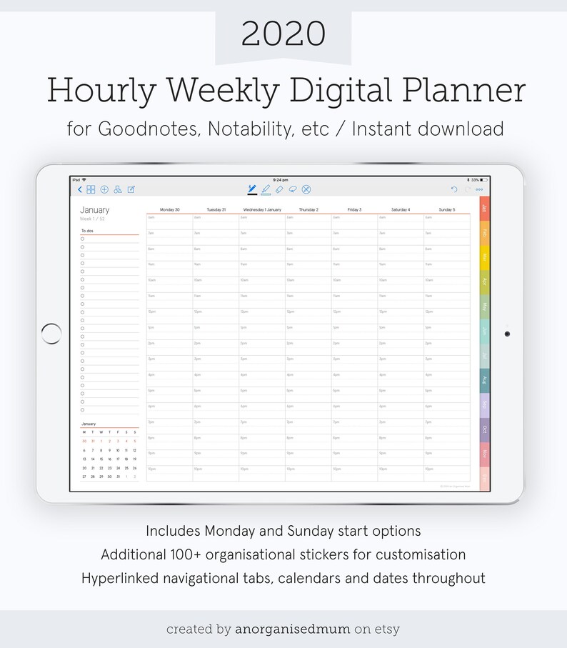2020 digital weekly hourly planner with tabs goodnotes etsy