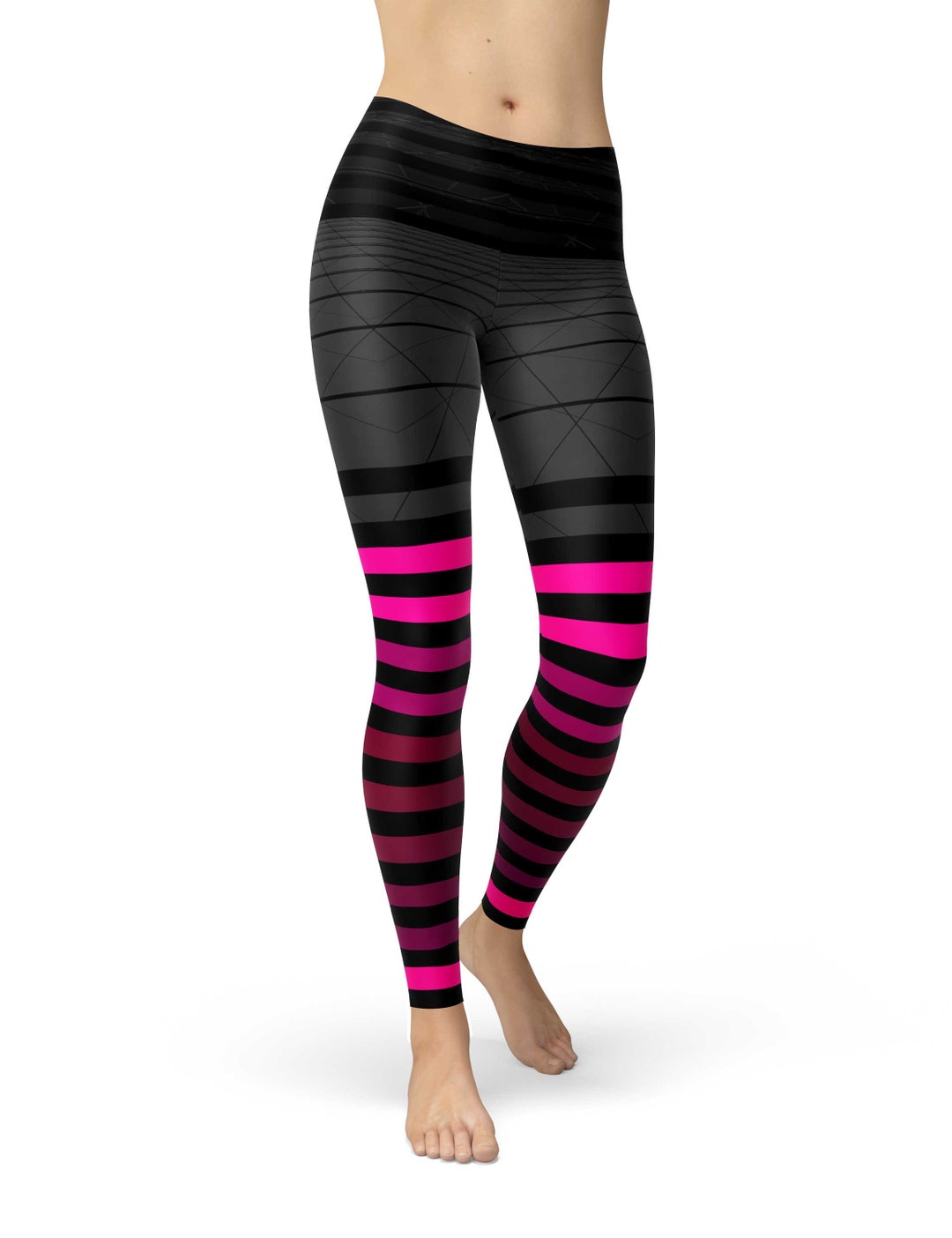 Hot Pink Ombre Workout Leggings Black Striped Leggings Gray
