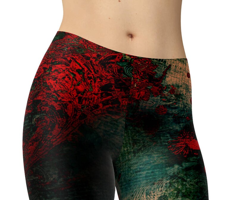 Soft Boho Leggings Red and Teal Bohemian Grunge Workout Leggings for Women
