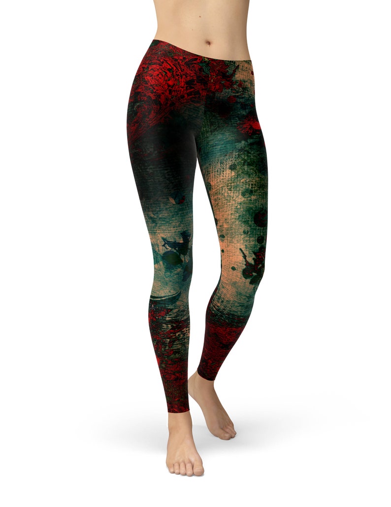 Soft Boho Leggings Red and Teal Bohemian Grunge Workout Leggings for Women