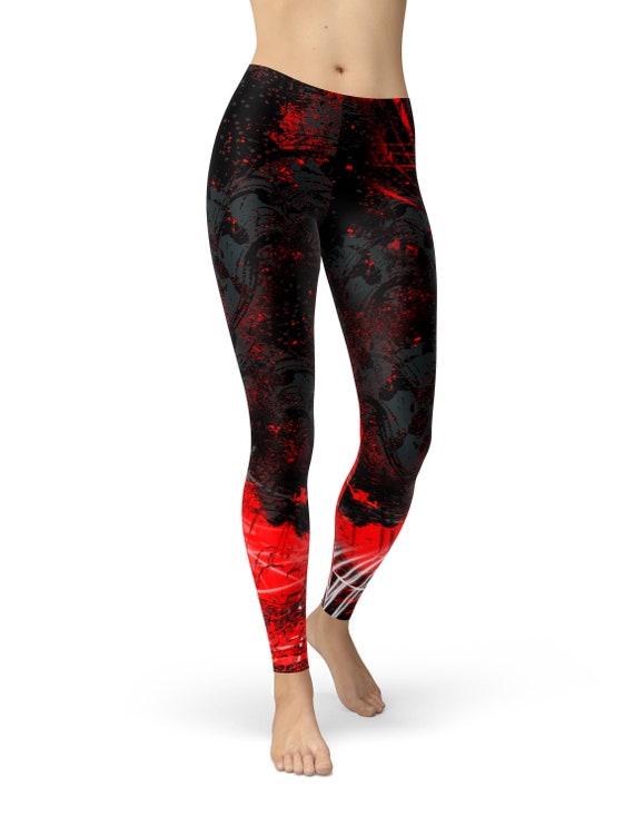 Black Grunge  Leggings | Orange Red Womens Leggings | Bohemian Yoga Leggings | Silky Soft Leggings | Print  Pants