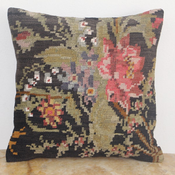 Handwoven Bessarabian Floral Kilim Cushion 50x50cm , 20x20ft,Decorative Boho Pillow Kilim Cushion Handmade lumbar L105
