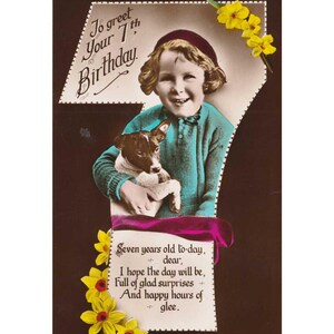 Vintage UK Birthday postcard. Hand Tinted. To greet your 7th Birthday circ 1930s