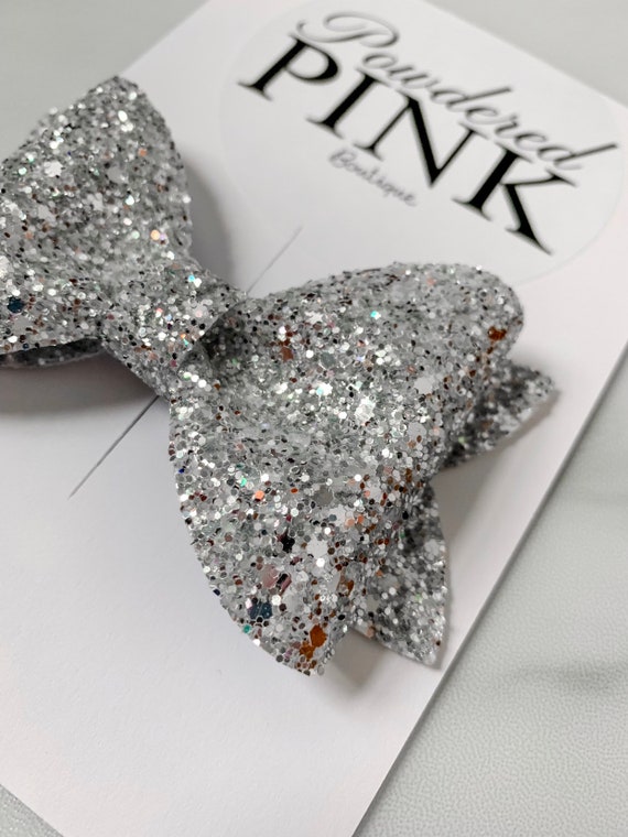 Silver Glitter Hair Bow Glitter Bow Girls Bows Hair Clip Etsy