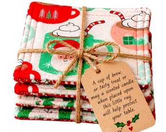 Christmas Mug Rugs Set of 4 | Quilted Fabric Coasters for Coffee, Candles & Treats | Handmade Holiday Table Decor