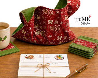 Handmade Christmas Japanese Knot Bag - Quilted Coasters - Recipe Cards Gift Set