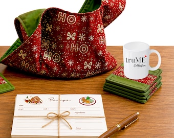 Handmade Japanese Knot Bag, Quilted Coasters, Recipe Cards Set