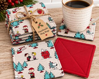 Christmas Mug Rug Set of 4 | Quilted Fabric Coasters for Coffee, Candles & Treats