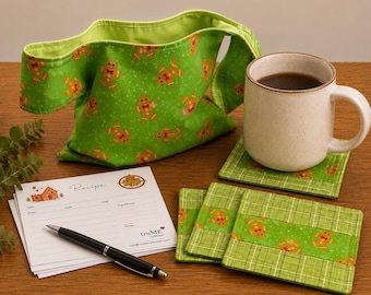 Handmade Japanese Knot Bag - Quilted Coasters - Recipe Cards Set