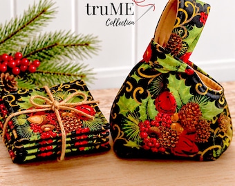 Christmas Mug Rug Set of 4 | Quilted Fabric Coasters for Coffee, Candles & Treats