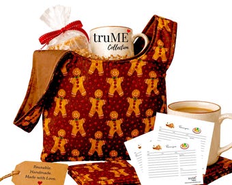 Handmade Japanese Knot Bag, Quilted Coasters, Recipe Cards Set