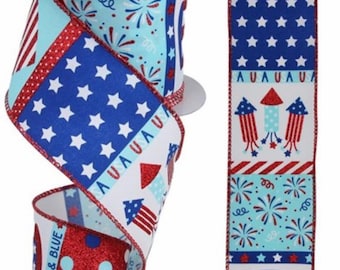 4th of July Ribbon, Patriotic Ribbon Wired, Independence Day Ribbon, Ribbon for Bows, Patriotic Garland Ribbon, Wired Ribbon for Wreath
