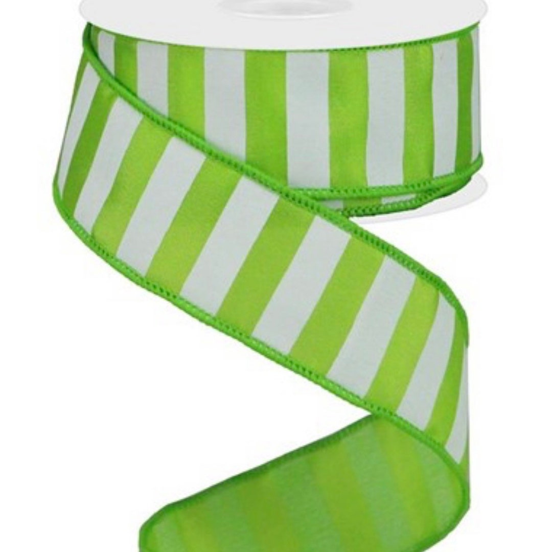 Wired Ribbon for Wreaths, Horizontal Stripe, Lime Green and White