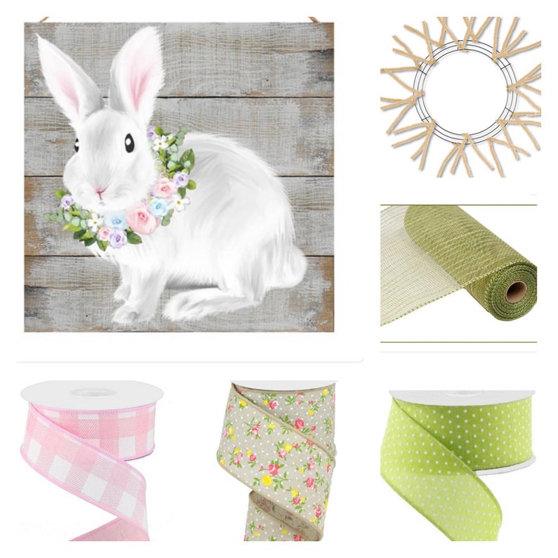 May include: A white bunny with a floral wreath around its neck sits on a weathered wood background. The bunny is surrounded by a wreath, green mesh, pink and white gingham ribbon, floral ribbon, and green polka dot ribbon.
