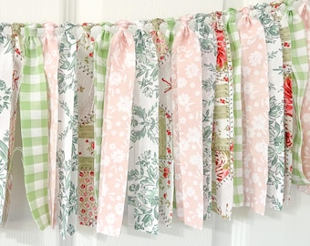 Fabric Rag Tie Garland, Gift for Mom, Fabric Banner, Mantel Decorations, Fireplace Garland, Wedding Shower Decoration, Baby Girls Room Decor