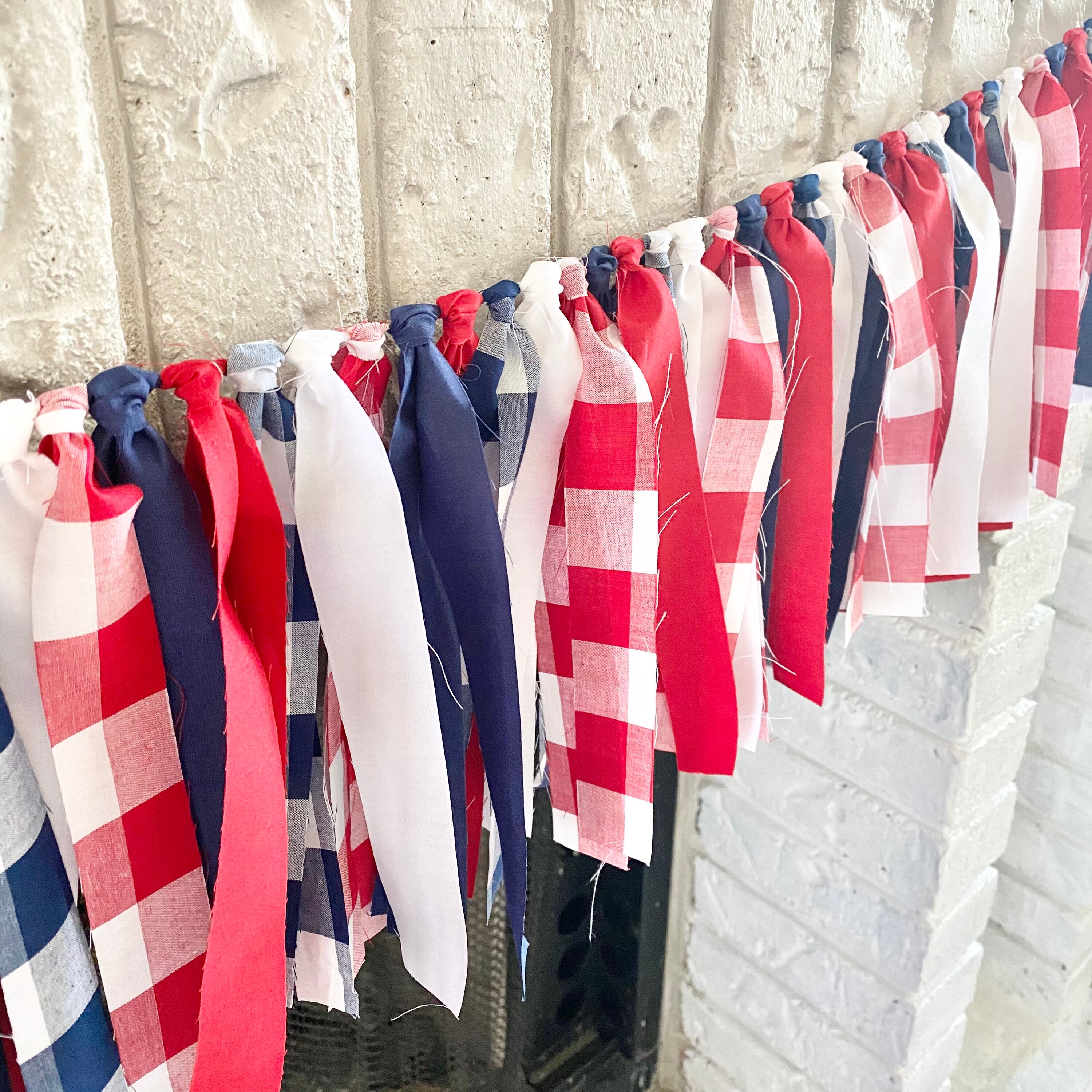 Patriotic Banner Fabric Rag Garland July 4th Decor Mantel Banner Patriotic Decor USA Photo Prop Summer Decor Farmhouse Decor