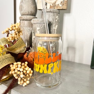 Pumpkin Glass Cup, Thanksgiving Glassware, Beer Glass, Glass Tumbler with Lid, Iced Coffee Cup, 16oz Glass, Fall Coffee Cup, Hello Pumpkin
