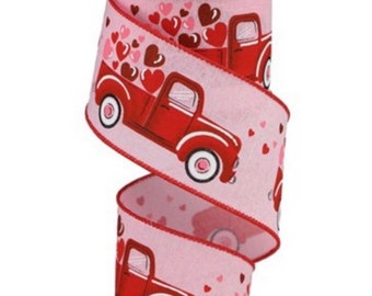 Valentines Day Ribbon, Hearts Ribbon, Red Truck Ribbon, Wreath Supplies, Red and Pink Ribbon for Bows, Truck With Hearts, RGA167815