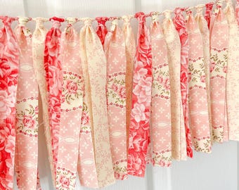 Shabby Chic Mantel Decor, Garland for Window, Fabric Garland, Rag Tie Garland, Mantel Decoration, Wedding Shower Decoration, Photo Backdrop