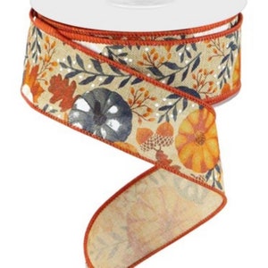 Fall Pumpkin Ribbon for Front Door Wreath, Pumpkin and Foliage Ribbon, Ribbon for Fall Bows, Wreath Supplies, Fall Garland Ribbon, RGB108001