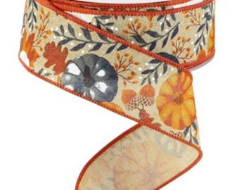 Fall Pumpkin Ribbon for Front Door Wreath, Pumpkin and Foliage Ribbon, Ribbon for Fall Bows, Wreath Supplies, Fall Garland Ribbon, RGB108001
