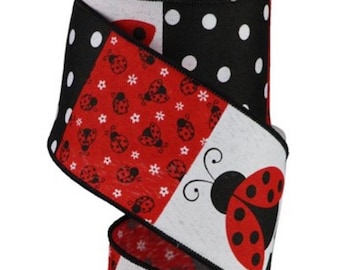 Ladybug Ribbon, Wired Ribbon for Wreaths, Bow Ribbon, Wreath Supplies, Polka Dot Ribbon, Ribbon by the Roll, 2.5" Ribbon, Lady Bug Ribbon