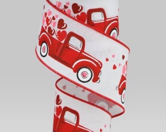 Valentines Day Ribbon, Valentines Ribbon, Valentine Heart Wired Ribbon, 2.5 Inch Ribbon, Red Truck Ribbon, Valentine Ribbon for Wreaths