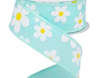 Wired Ribbon for Wreaths, Easter Ribbon, Spring Mantel Ribbon, Robins Egg Blue, Garland Supplies, Daisy Flower, RG01934EX, 1.5"