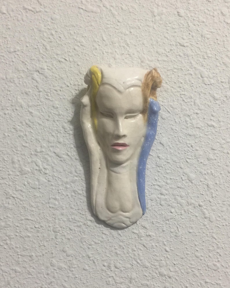 Figurative Sculpture Wall Art Decor Paperweight Ceramic Relief Cat Lady Face Clay