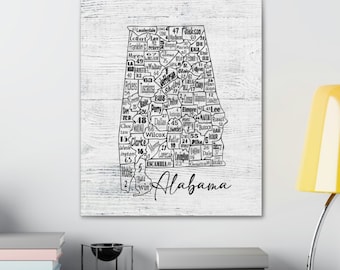 Alabama County License Plate Map Wrapped Canvas