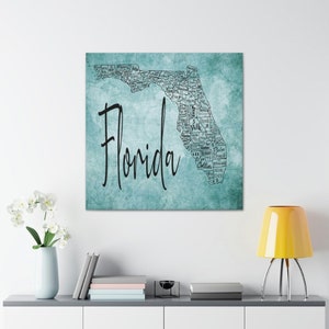 Florida State County License Plate Map Home Decor Nautical Blue Wrapped Canvas