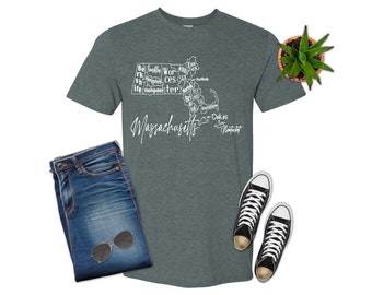 T-shirt med karta över delstaten Massachusetts, unisex t-shirt med grafik