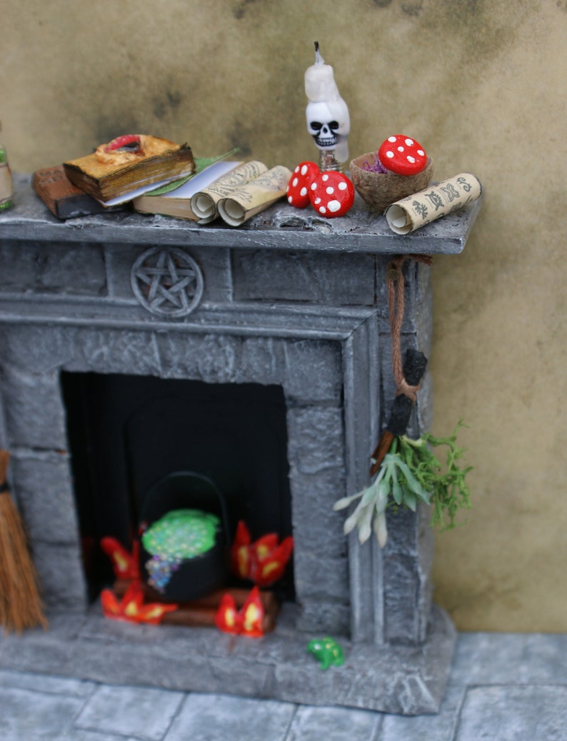 Dolls House Fireplace Witches House Spooky Spells and Potions 12th Scale Stone Effect Fire Surround