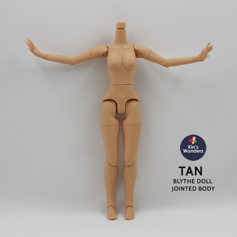 May include: Tan Blythe doll jointed body. The doll is nude and has articulated arms and legs. The doll is standing with its arms outstretched.
