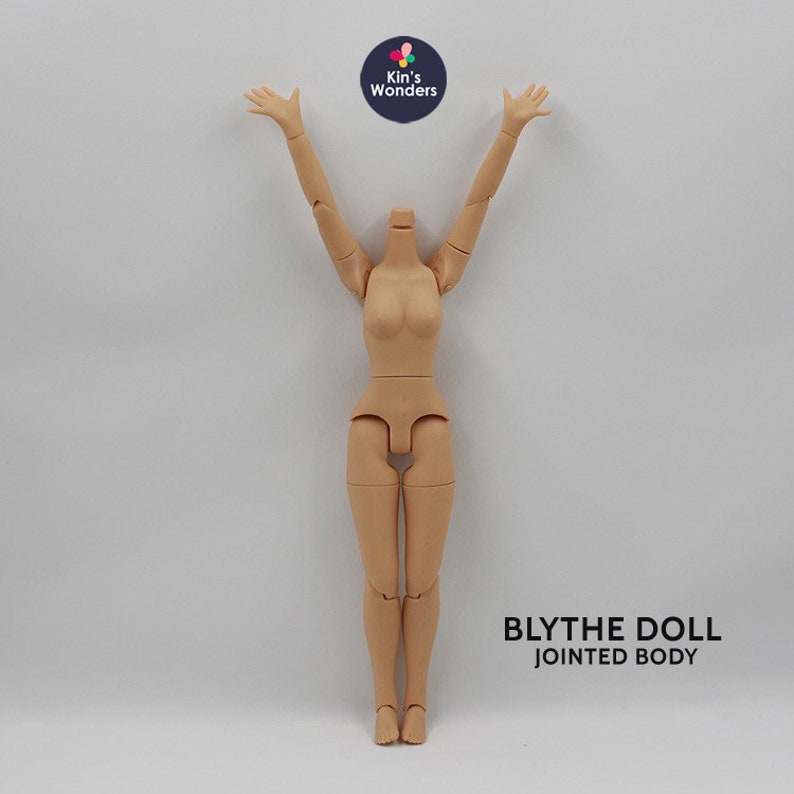 May include: A nude-colored Blythe doll body with jointed arms and legs. The doll is standing with its arms raised above its head. The text "BLYTHE DOLL JOINTED BODY" is printed below the doll.