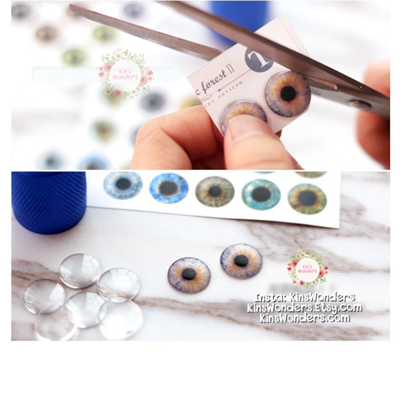 May include: A sheet of colorful glass eyes for doll making. The eyes are on a white sheet with the text "c forest II IPS PATTERN 1". There are clear glass eyes and a pair of glass eyes with a purple, blue, and brown iris.