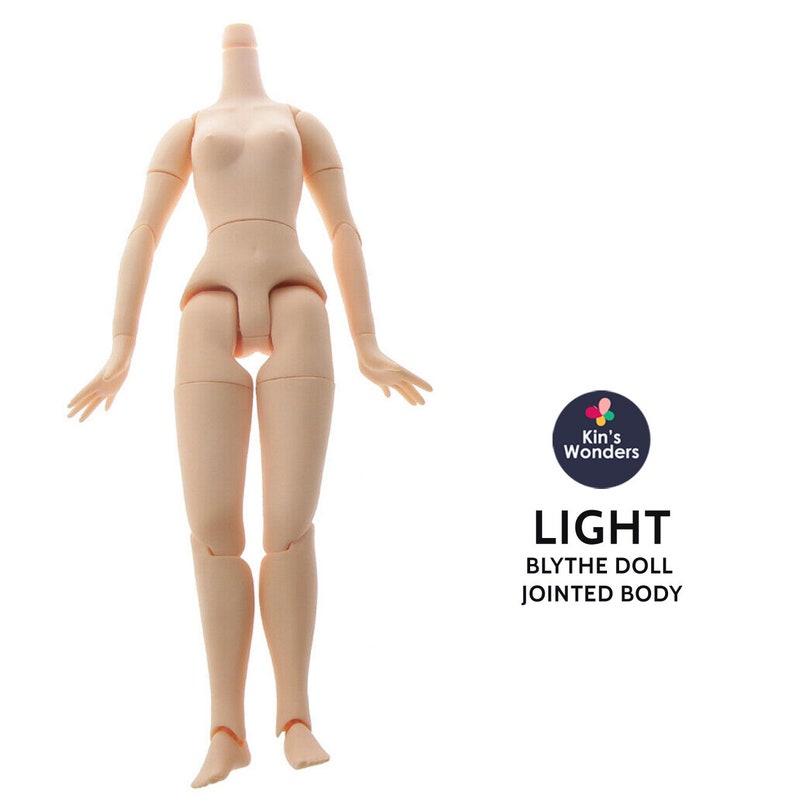 May include: A light-skinned, nude-colored, articulated doll body with jointed arms, legs, and a head. The doll is standing with its arms slightly raised and its legs slightly apart. The doll is made of plastic and has a smooth, matte finish. The doll is a Blythe doll body.