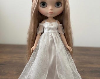 Cute Dress for Blythe, Pullip - 30cm Dolls - Sparkly White Outfit, Doll Dress-up Clothes - Blythe Fashion, Azone Pure Neemo Clothes