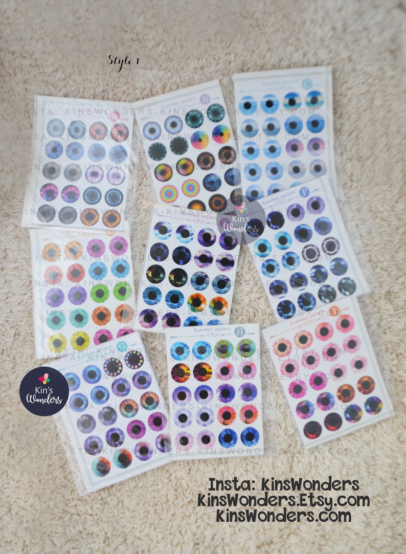 May include: A set of six sheets of colorful eye stickers. Each sheet has 12 different eye designs. The eye stickers are perfect for doll making, crafting, and scrapbooking.