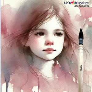 May include: Watercolor painting of a young girl with long, flowing red hair. The painting is done in soft, muted tones of pink and gray. The girl's eyes are closed and she has a gentle expression on her face. The painting is framed by a brush with a wooden handle.