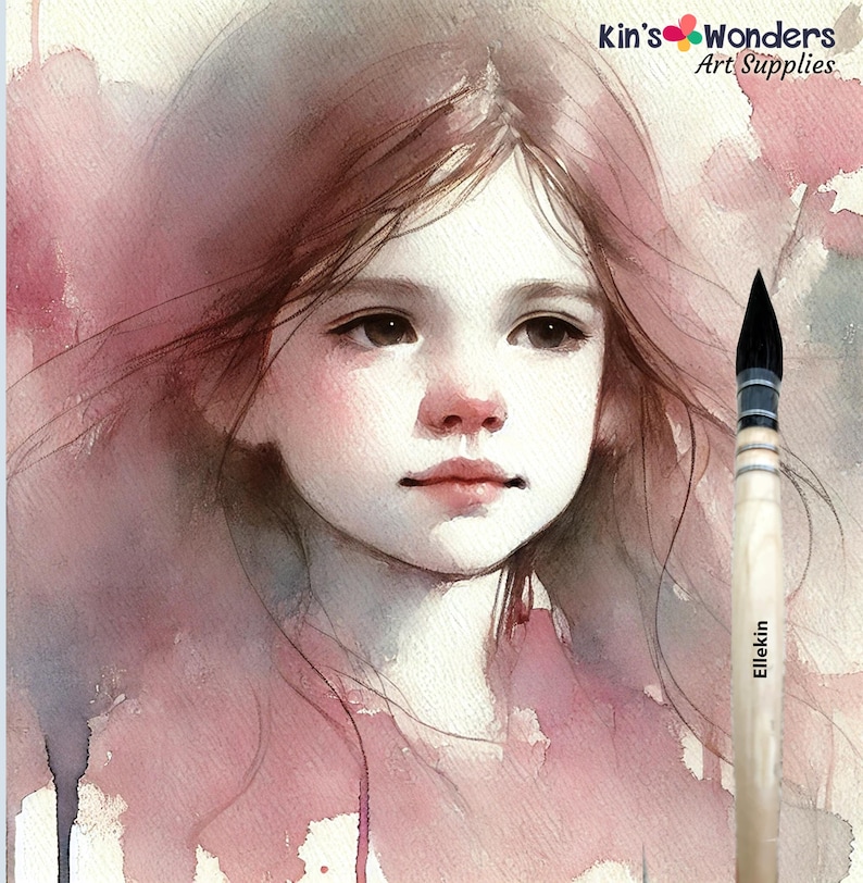 May include: Watercolor painting of a young girl with long, flowing red hair. The painting is done in soft, muted tones of pink and gray. The girl's eyes are closed and she has a gentle expression on her face. The painting is framed by a brush with a wooden handle.