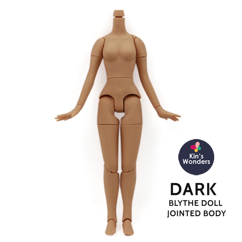 May include: A nude-colored, articulated doll body with jointed arms and legs. The doll body is made of plastic and is designed for customizing and creating unique dolls. The body is labeled "DARK BLYTHE DOLL JOINTED BODY".