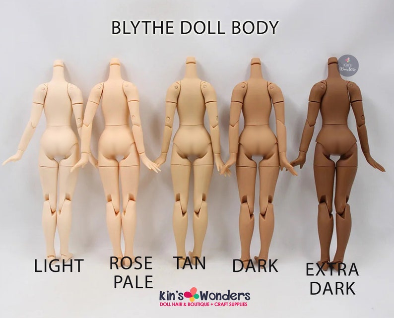 Blythe, jointed doll body in light, dark, extra dark, tan and fair skin tones