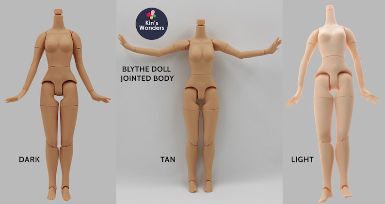 May include: Three Blythe doll jointed bodies in different skin tones: dark, tan, and light. The dolls are nude and have no facial features.