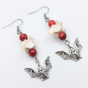 Ball Python Vertebrae Bat Earrings: Red Howlite Dangle