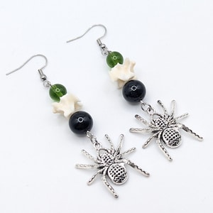 Green Agate Spider Dangle Earrings: Ball Python Vertebrae, Sterling Silver