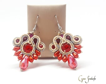 Boucles d’oreilles rouges, boucles d’oreilles pendentif perle, boucles d’oreilles soutache, boucles d’oreilles en cristal, bijoux en museau, boucles d’oreilles argentées et rouges