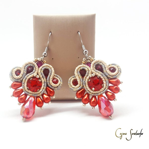 Red earrings, pearl pendant earrings, soutache earrings, crystal earrings, soutache jewelry, silver and red earrings