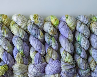 Iris: Hand Dyed Yarn, Indie Dyed Yarn, Sock Weight Yarn, Superwash Merino, Pastel Purple Yellow Neon Yarn, Speckled Yarn