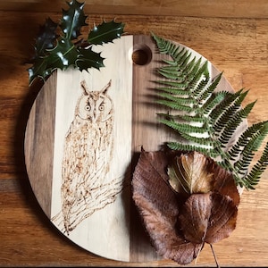 Owl Cheese Board, Personalised, Pyrography, Acacia Wood, Burned, Hand-Made, British, Serving Platter